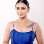 Blue U Neck Blouse with Spaghetti Straps in Raw Silk - Anvi Couture