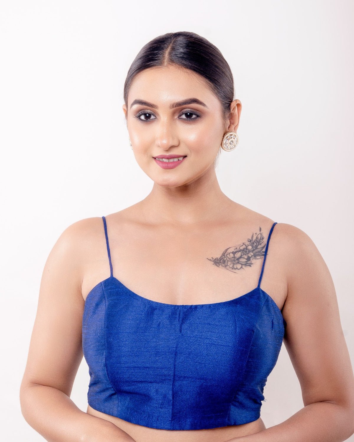 Blue U Neck Blouse with Spaghetti Straps in Raw Silk - Anvi Couture