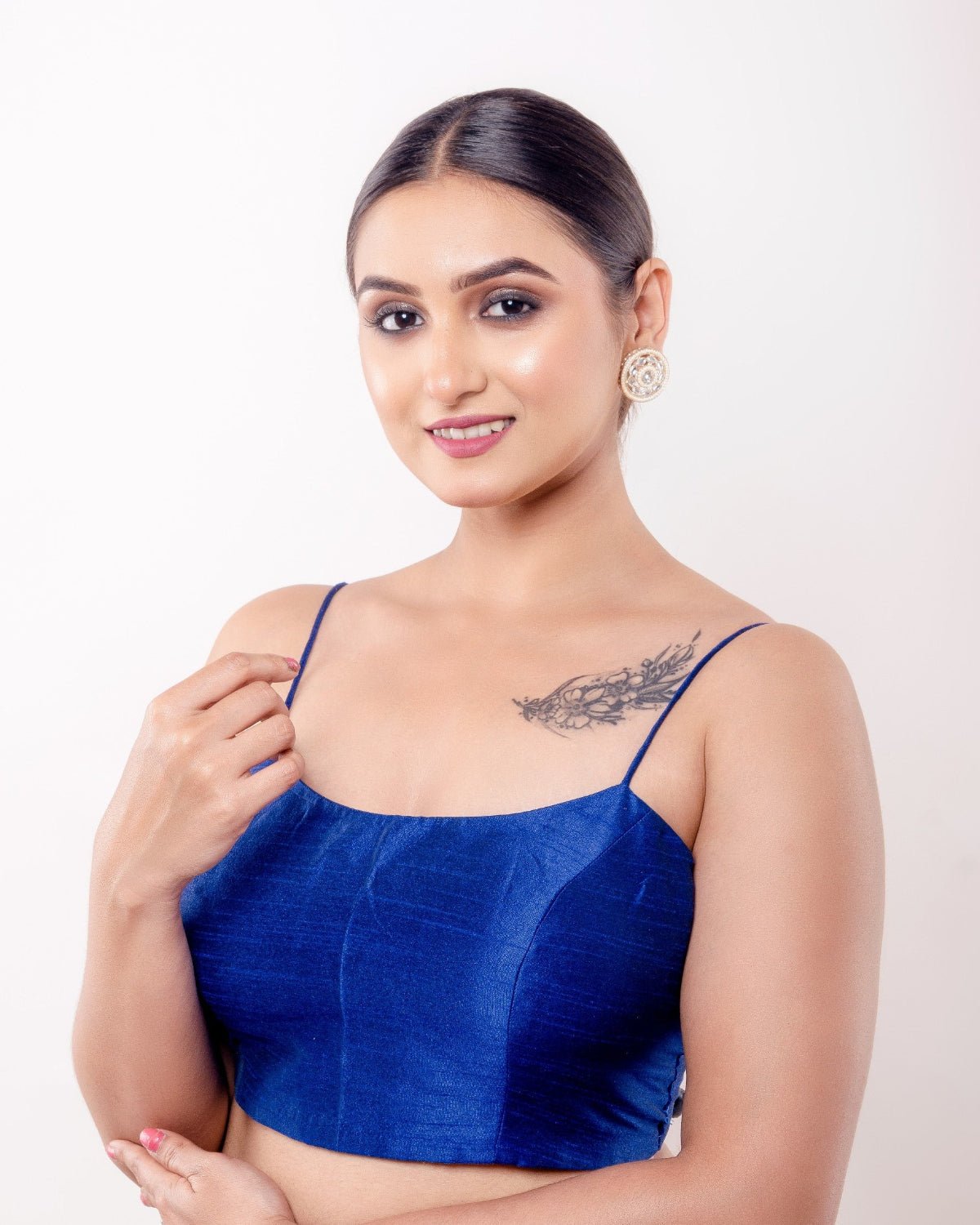 Blue U Neck Blouse with Spaghetti Straps in Raw Silk - Anvi Couture