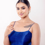 Blue U Neck Blouse with Spaghetti Straps in Raw Silk - Anvi Couture