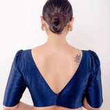 Teal Blue V Neck Blouse in Raw Silk with Puff Sleeves - Anvi Couture