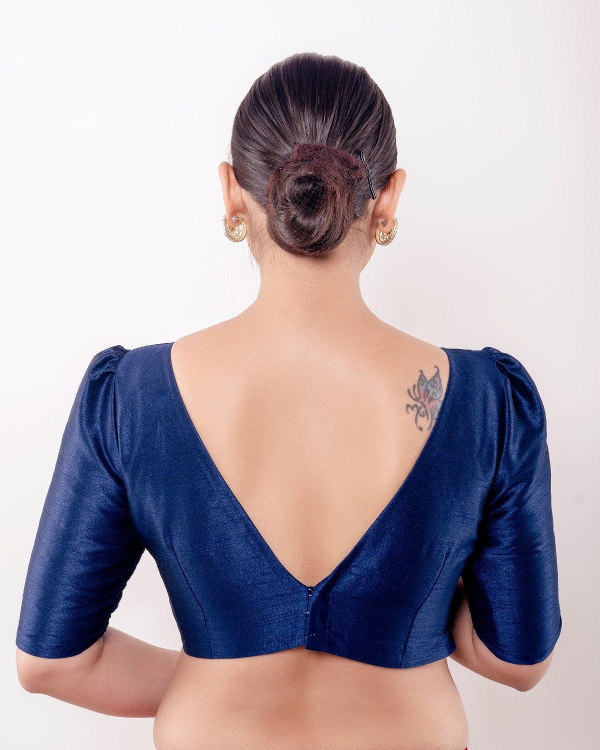 Teal Blue V Neck Blouse in Raw Silk with Puff Sleeves - Anvi Couture
