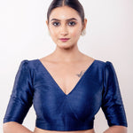 Teal Blue V Neck Blouse in Raw Silk with Puff Sleeves - Anvi Couture