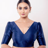 Teal Blue V Neck Blouse in Raw Silk with Puff Sleeves - Anvi Couture