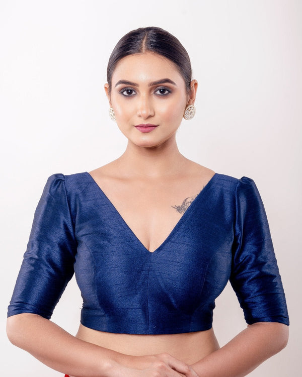 Teal Blue V Neck Blouse in Raw Silk with Puff Sleeves - Anvi Couture - Front 1