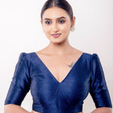 Teal Blue V Neck Blouse in Raw Silk with Puff Sleeves - Anvi Couture