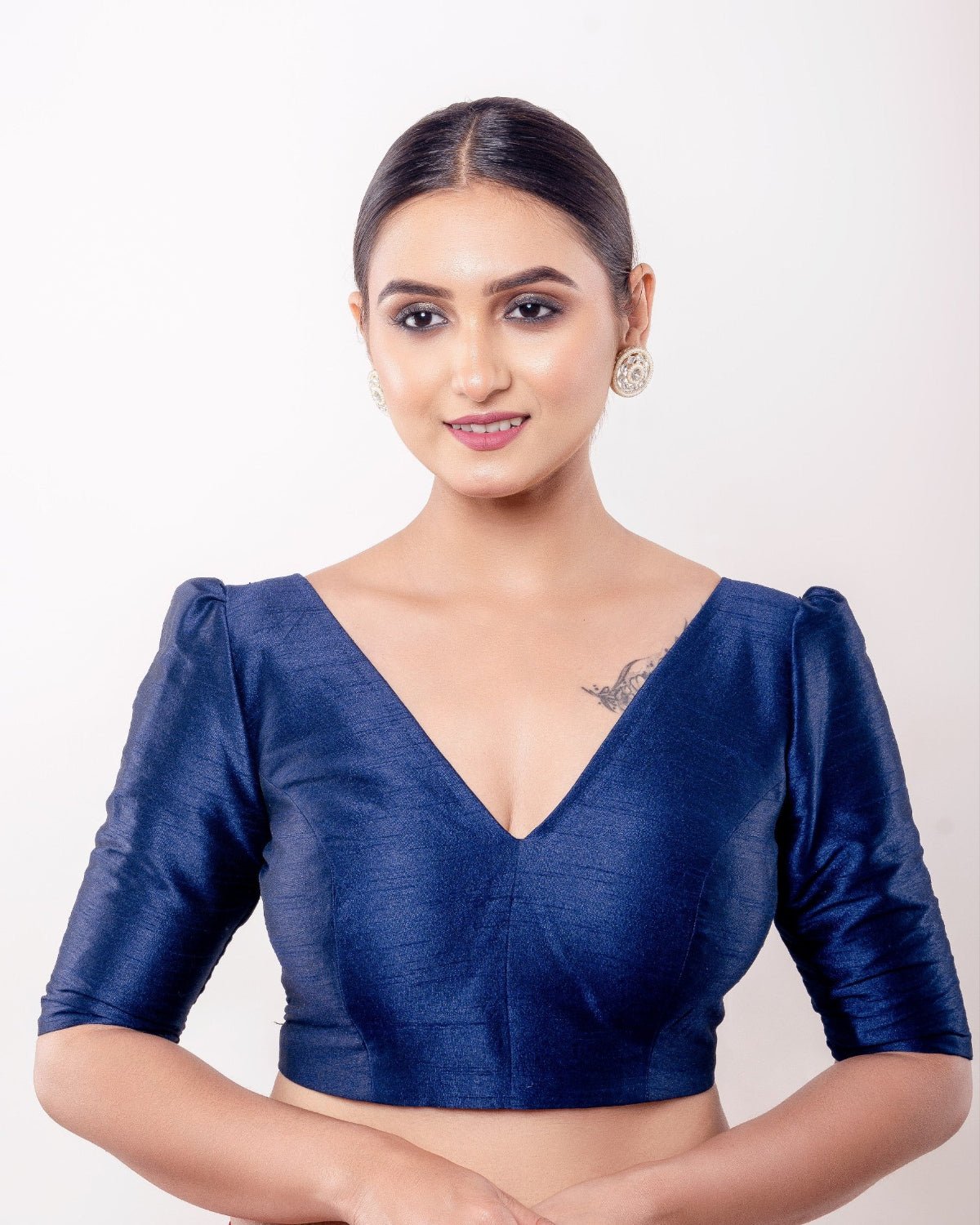 Teal Blue V Neck Blouse in Raw Silk with Puff Sleeves