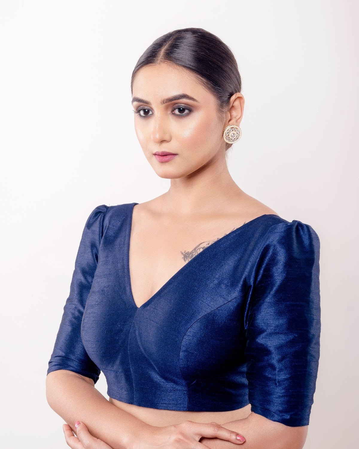 Teal Blue V Neck Blouse in Raw Silk with Puff Sleeves - Anvi Couture