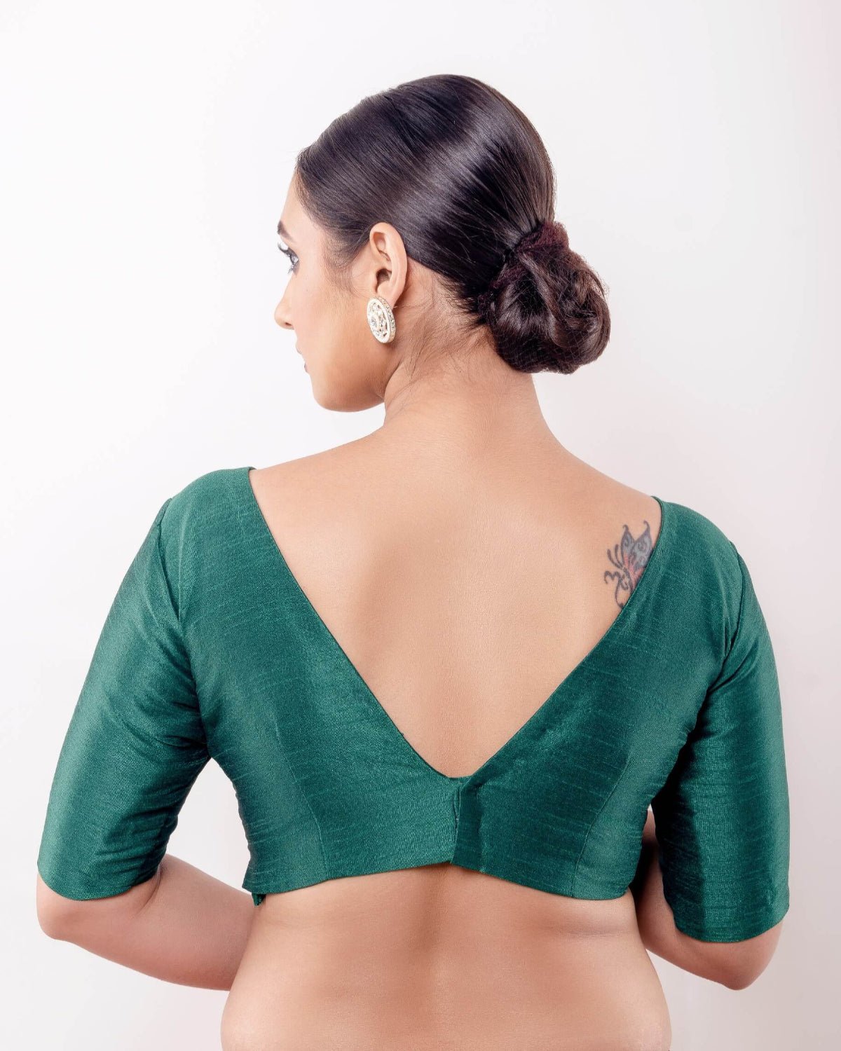 Green V Neck Blouse in Raw Silk with Half Sleeves and Back Closure - Anvi Couture