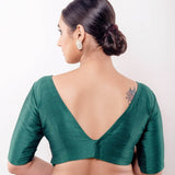 Green V Neck Blouse in Raw Silk with Half Sleeves and Back Closure - Anvi Couture