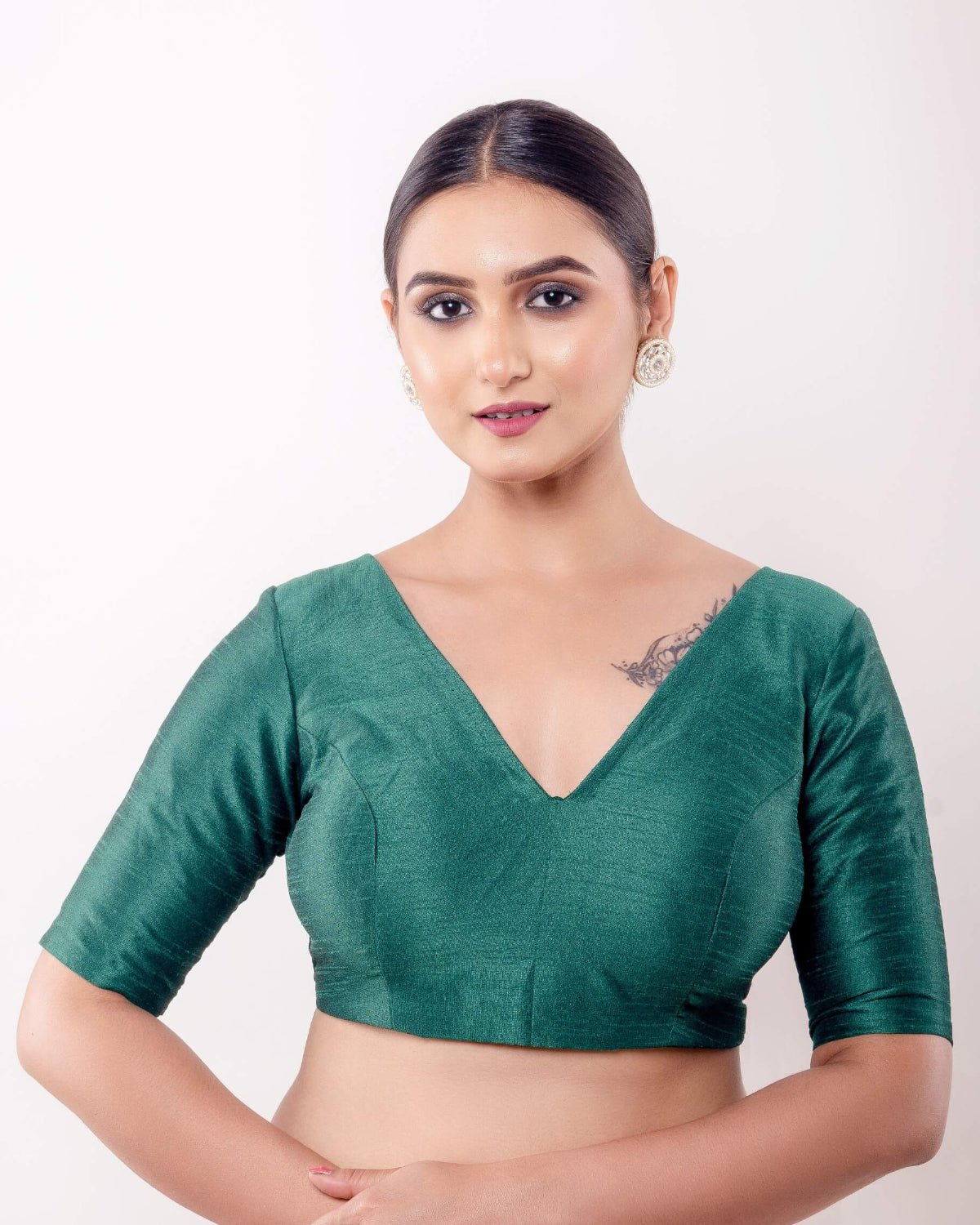 Green V Neck Blouse in Raw Silk with Half Sleeves and Back Closure - Anvi Couture
