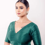 Green V Neck Blouse in Raw Silk with Half Sleeves and Back Closure - Anvi Couture