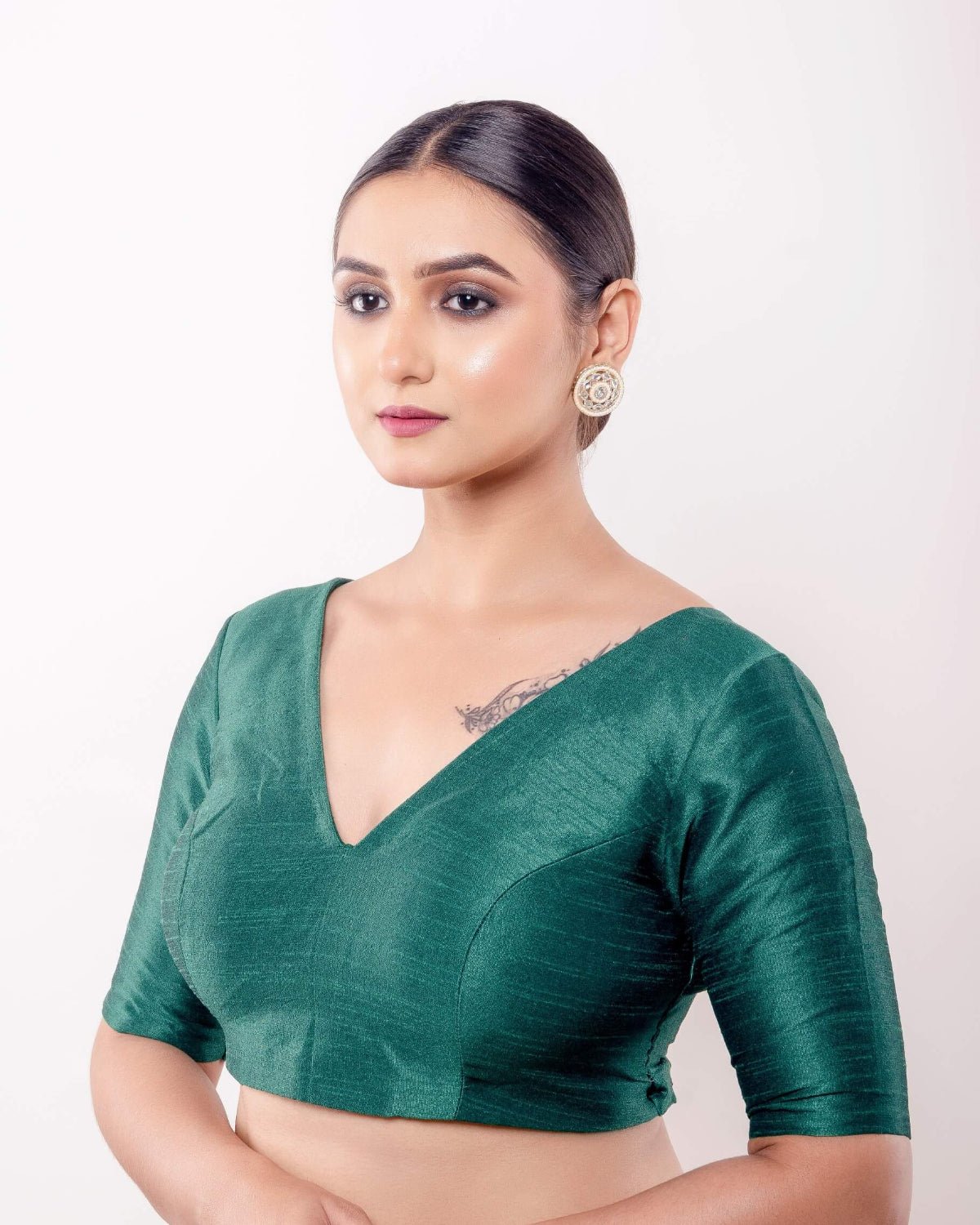 Green V Neck Blouse in Raw Silk with Half Sleeves and Back Closure - Anvi Couture