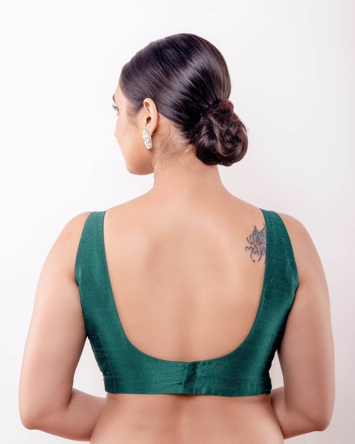 Green Sleeveless Blouse in Raw Silk with Back Closure - Anvi Couture