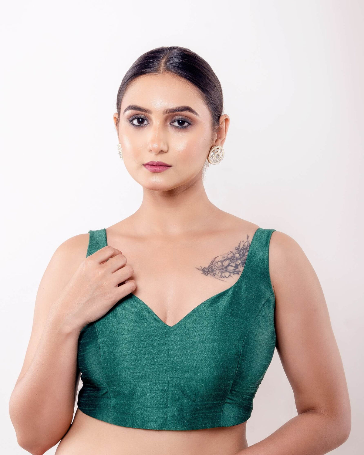 Green Sleeveless Blouse in Raw Silk with Back Closure - Anvi Couture - Image 2
