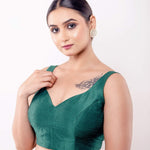 Green Sleeveless Blouse in Raw Silk with Back Closure - Anvi Couture - Image 3