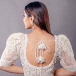 White Pearl Embroidered Blouse with Puff Sleeves and Sweetheart Neckline - Anvi Couture