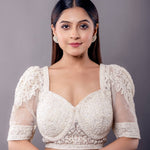 White Pearl Embroidered Blouse with Puff Sleeves and Sweetheart Neckline - Anvi Couture