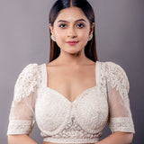 White Pearl Embroidered Blouse with Puff Sleeves and Sweetheart Neckline - Anvi Couture