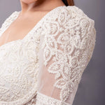 White Pearl Embroidered Blouse with Puff Sleeves and Sweetheart Neckline - Anvi Couture