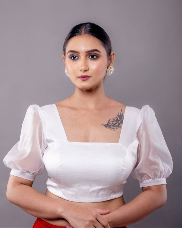White Square Neck Blouse with Puff Sleeves - Anvi Couture - Front 1