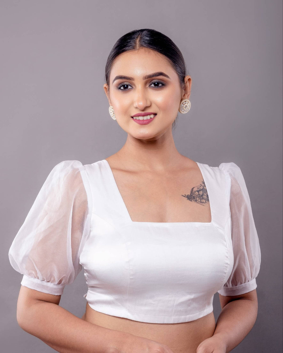 White Square Neck Blouse with Puff Sleeves - Anvi Couture - Image 2