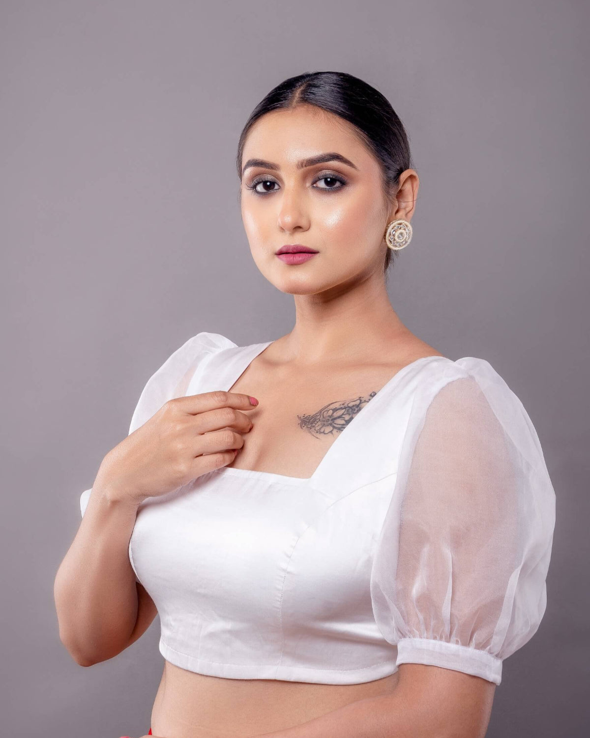 White Square Neck Blouse with Puff Sleeves - Anvi Couture - Image 3