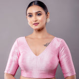 Light Pink Raw Silk Half Sleeve V-Neckline Blouse - Anvi Couture - Image 1