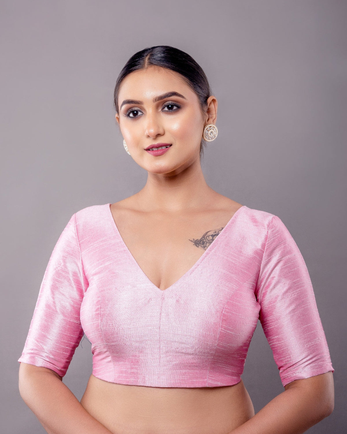 Light Pink Raw Silk Half Sleeve V-Neckline Blouse - Anvi Couture - Image 1