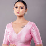 Light Pink Raw Silk Half Sleeve V-Neckline Blouse - Anvi Couture - Image 2