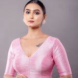 Light Pink Raw Silk Half Sleeve V-Neckline Blouse - Anvi Couture - Image 2