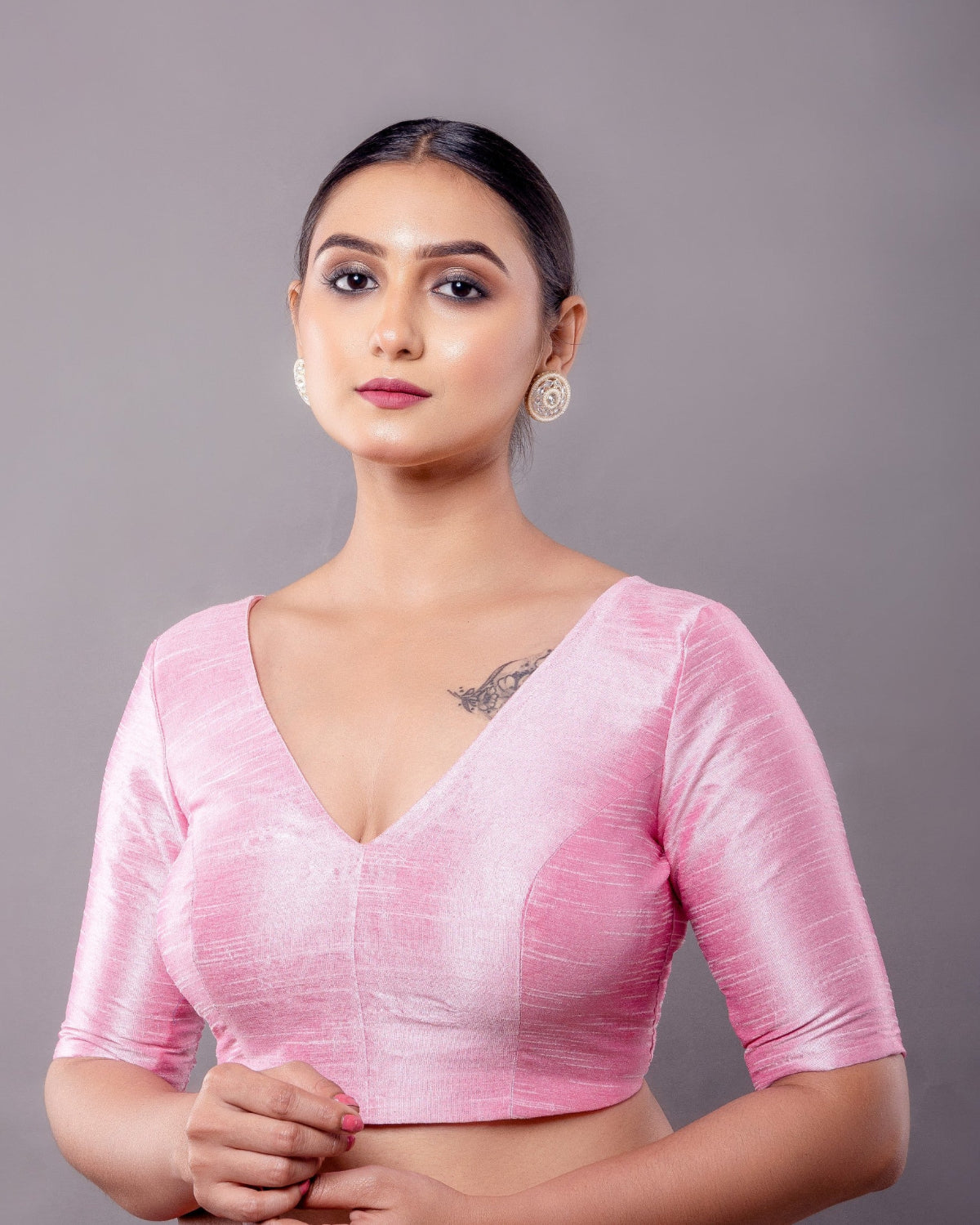 Light Pink Raw Silk Half Sleeve V-Neckline Blouse - Anvi Couture - Image 2