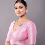 Light Pink Raw Silk Half Sleeve V-Neckline Blouse - Anvi Couture - Image 3