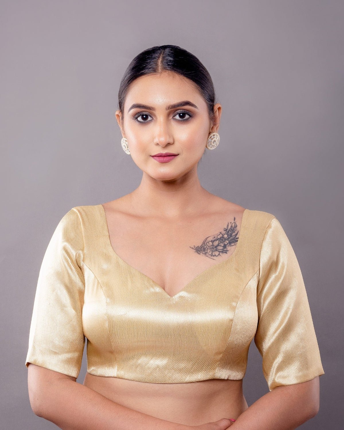 Golden Brocade half sleeve Blouse with V-Neckline - Anvi Couture - Image 1