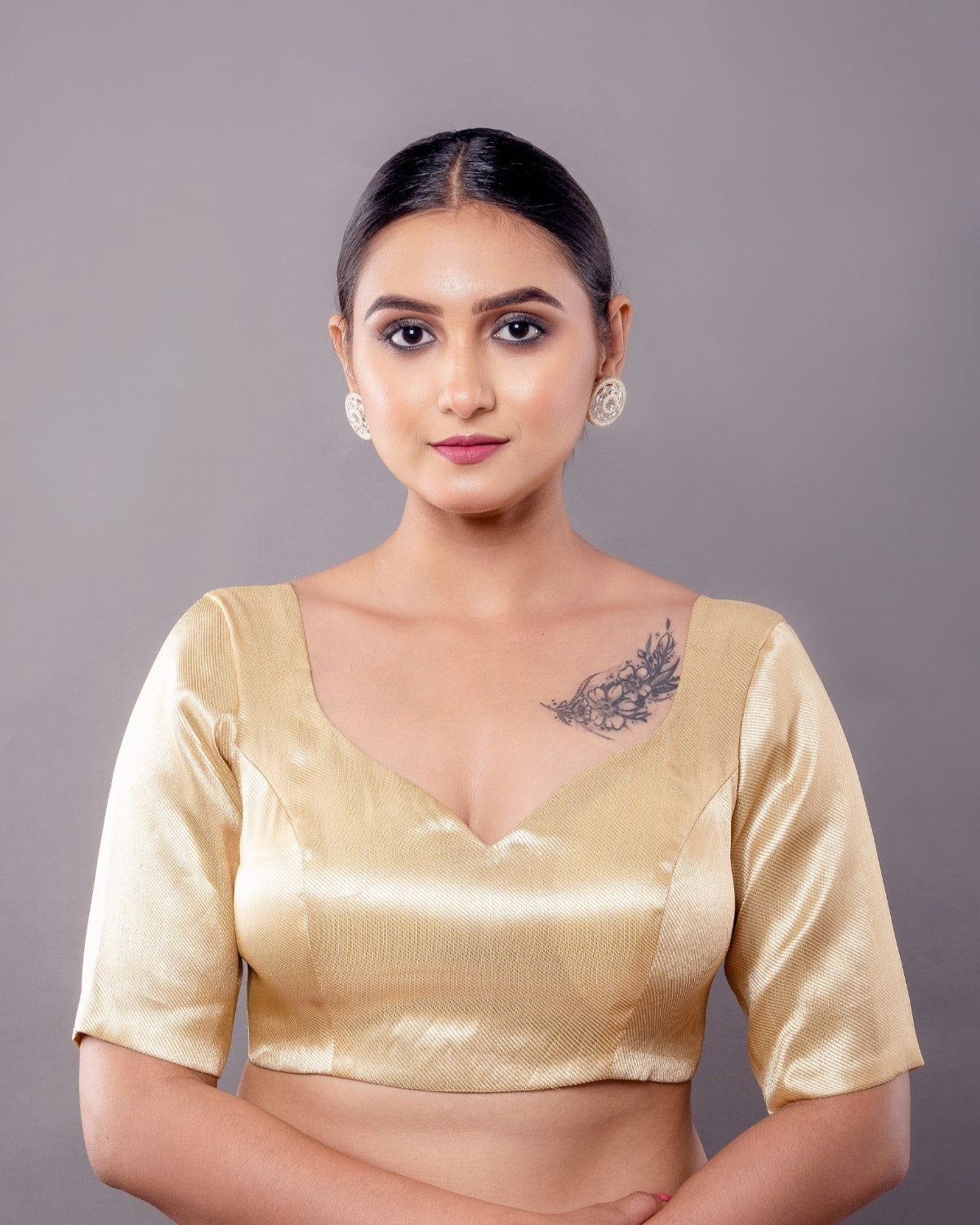 Golden Brocade half sleeve Blouse with V-Neckline - Anvi Couture - Image 1