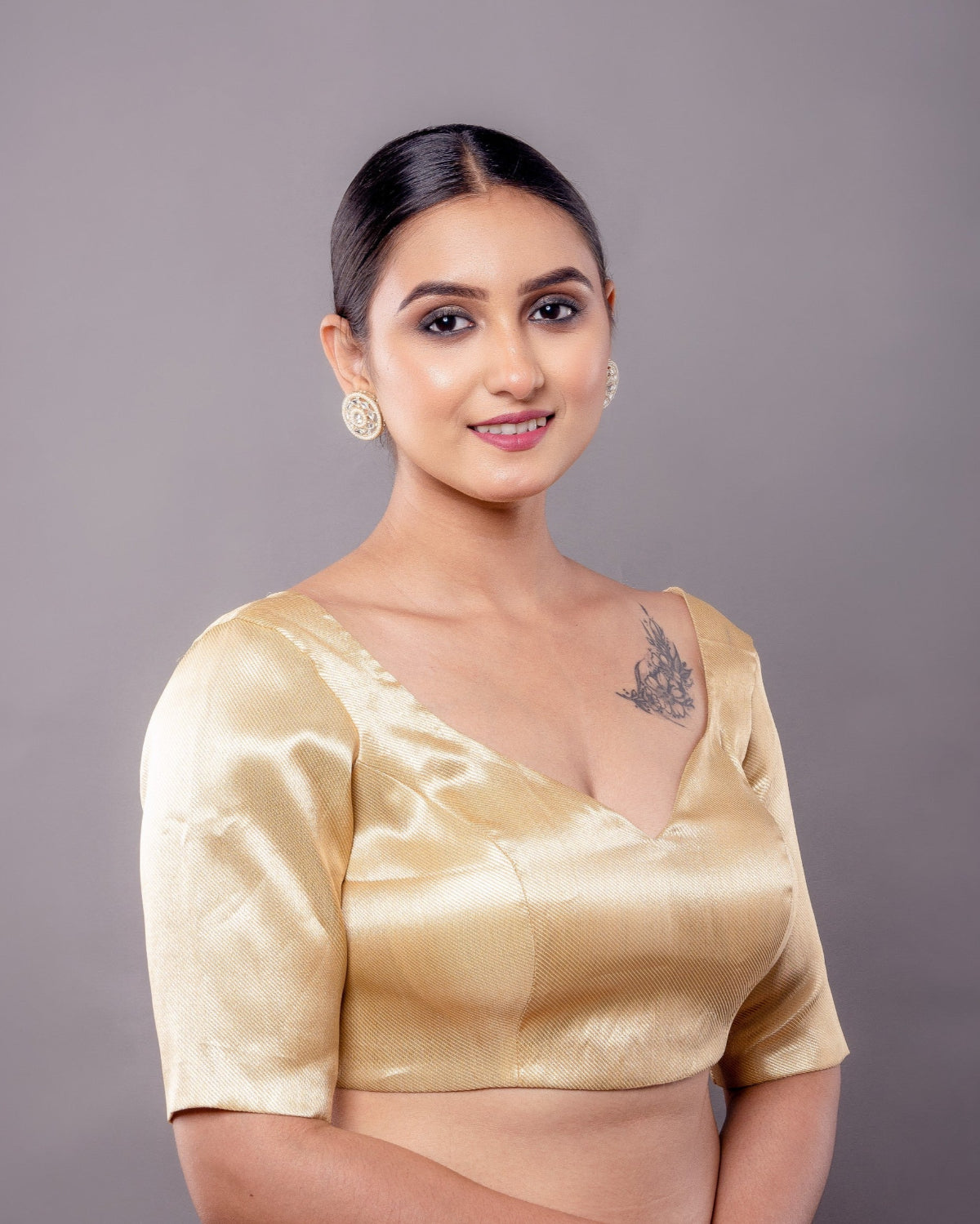 Golden Brocade half sleeve Blouse with V-Neckline - Anvi Couture - Image 2