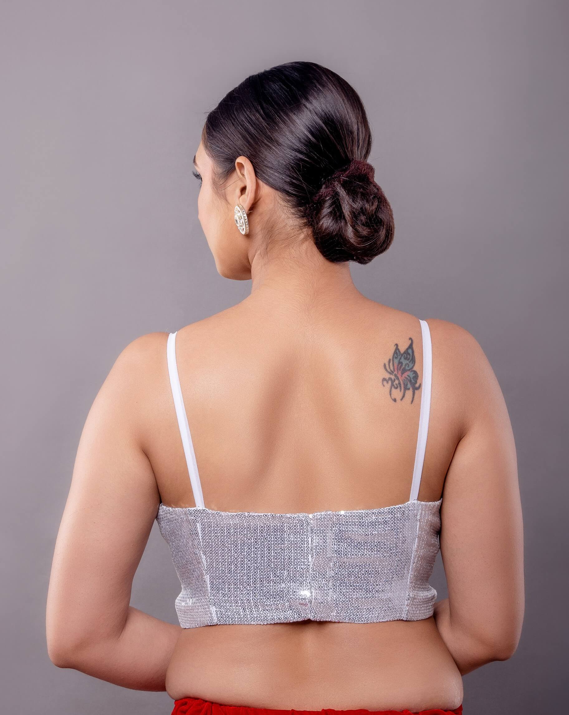 Silver Sequin Sleeveless Blouse in U Neckline - Anvi Couture