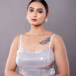 Silver Sequin Sleeveless Blouse in U Neckline - Anvi Couture