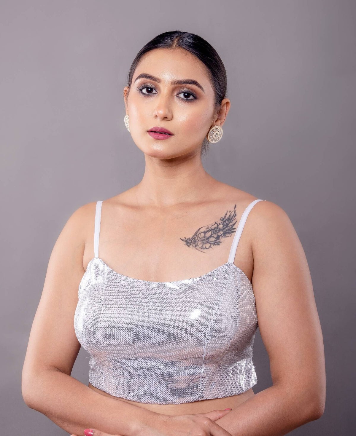 Silver Sequin Sleeveless Blouse in U Neckline - Anvi Couture