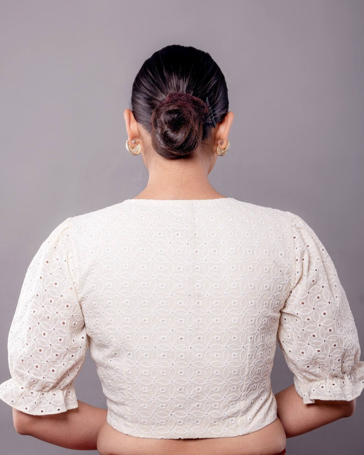 White Hakoba V Neck Blouse with Puff Sleeves - Anvi Couture