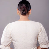 White Hakoba V Neck Blouse with Puff Sleeves - Anvi Couture