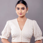 White Hakoba V Neck Blouse with Puff Sleeves - Anvi Couture