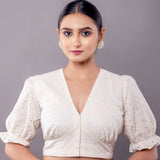 White Hakoba V Neck Blouse with Puff Sleeves - Anvi Couture
