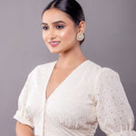 White Hakoba V Neck Blouse with Puff Sleeves - Anvi Couture