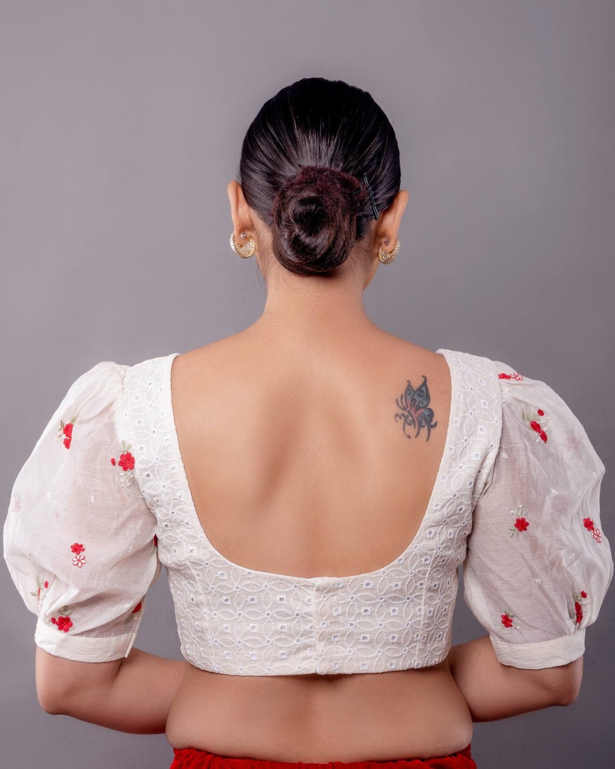White Hakoba Blouse with Floral Puff Sleeves - Anvi Couture