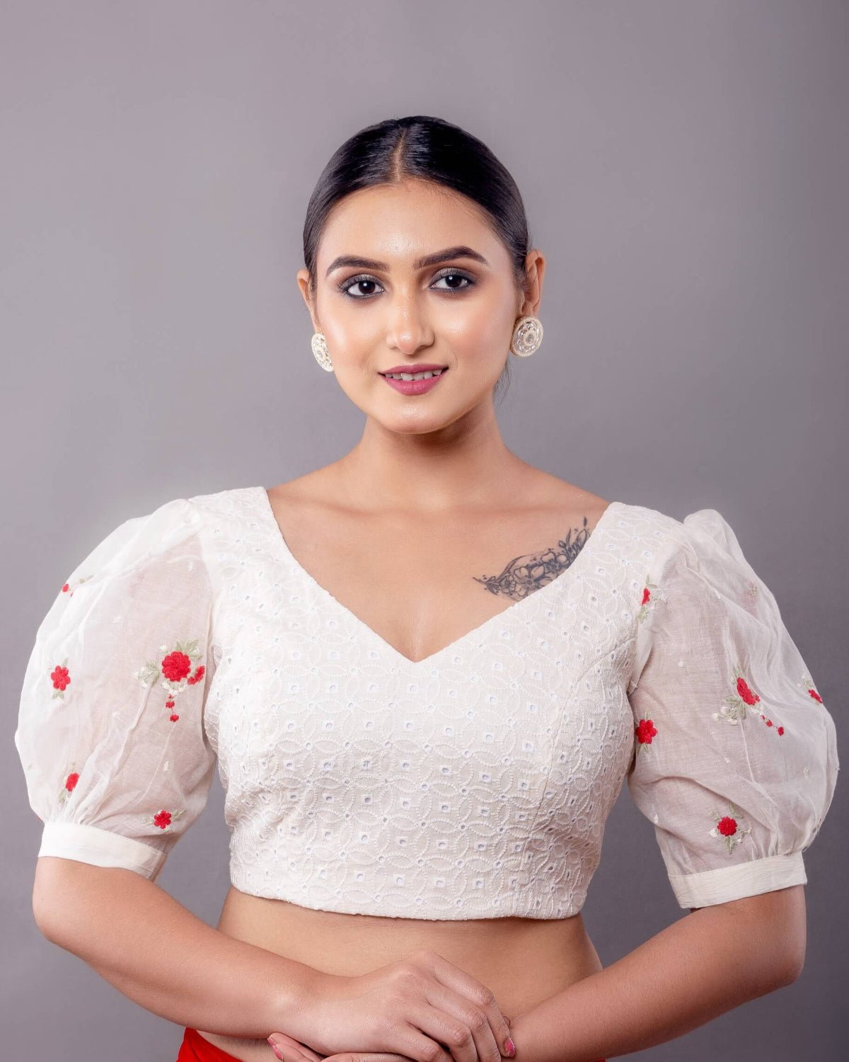 White Hakoba Blouse with Floral Puff Sleeves - Anvi Couture