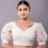 White Hakoba Blouse with Floral Puff Sleeves - Anvi Couture