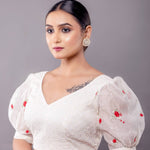 White Hakoba Blouse with Floral Puff Sleeves - Anvi Couture