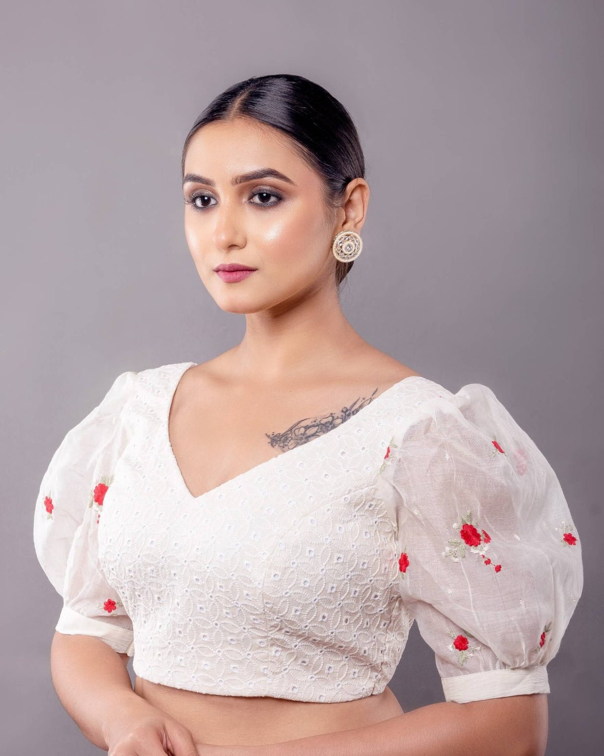 White Hakoba Blouse with Floral Puff Sleeves - Anvi Couture