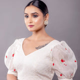 White Hakoba Blouse with Floral Puff Sleeves - Anvi Couture